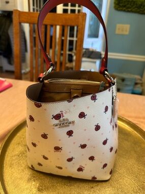 Coach Mini Town Bucket Shoulder Bag with Red Ladybug Floral Print